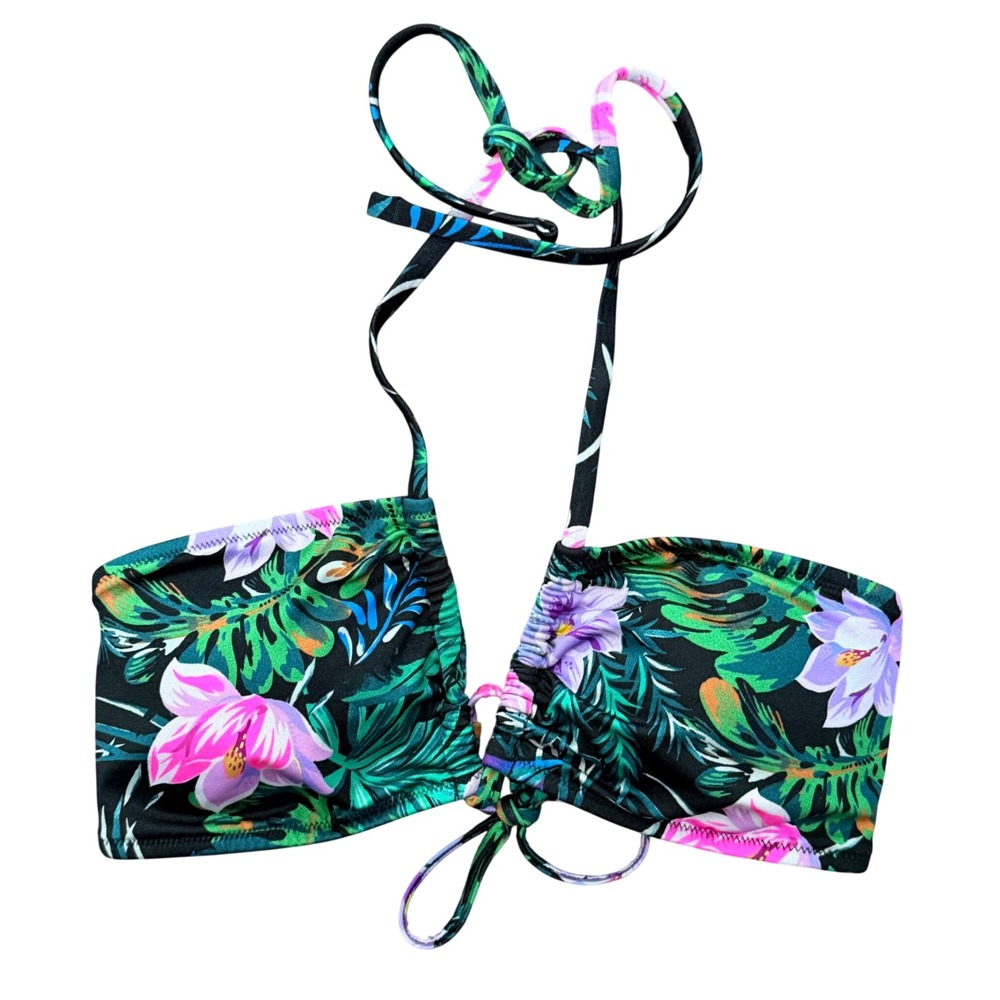 Victorias Secret Tropical Floral Halter Bandeau Bikini Top Black Green‎ Pink M
